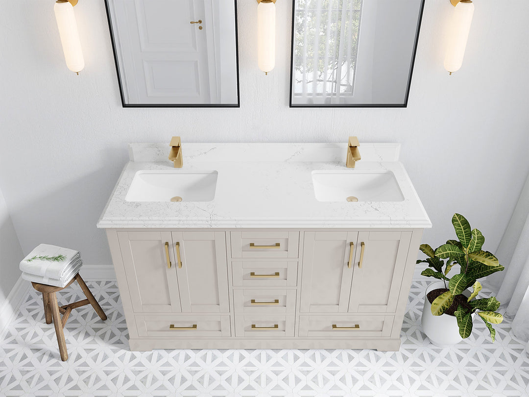 Boston 60 in. W x 22 in. D Double Sink Bathroom Vanity in Fine Grain with 1.5 in Double Cove Edge Empira White Quartz Countertop - Top View