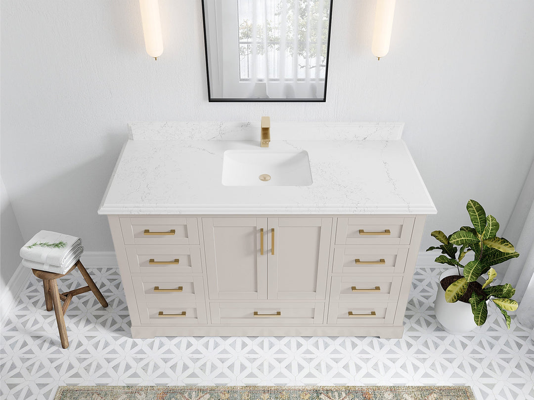 Boston 60 in. W x 22 in. D Single Sink Bathroom Vanity in Fine Grain with 1.5 in Double Cove Edge Empira White Quartz Countertop - Top View