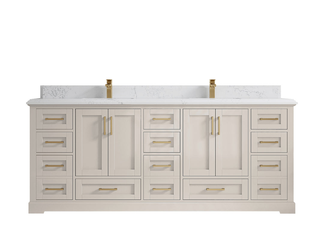 Boston 84 in. W x 22 in. D Double Sink Bathroom Vanity in Fine Grain with 1.5 in Double Cove Edge Empira White Quartz Countertop