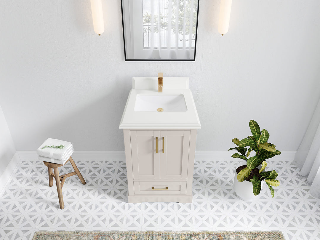 Boston 24 in. W x 22 in. D Single Sink Bathroom Vanity in Fine Grain with 1.5 in Double Cove Edge White Quartz Countertop - Top View