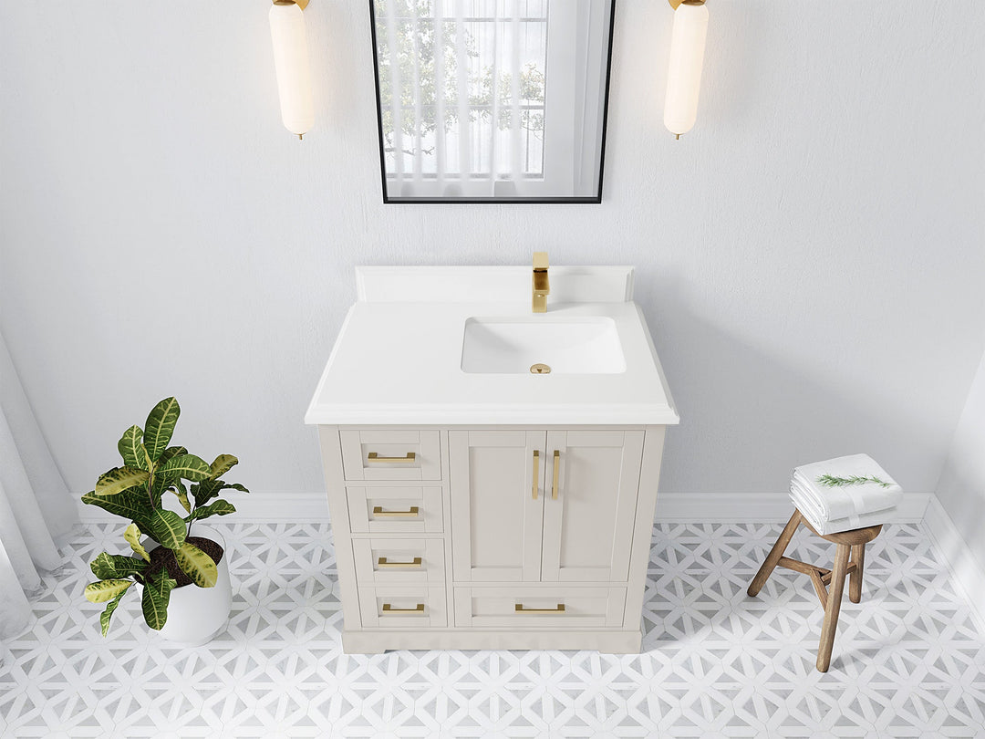 Boston 36 in. W x 22 in. D Single Sink Bathroom Vanity in Fine Grain with 1.5 in Double Cove Edge White Quartz Countertop - Top View