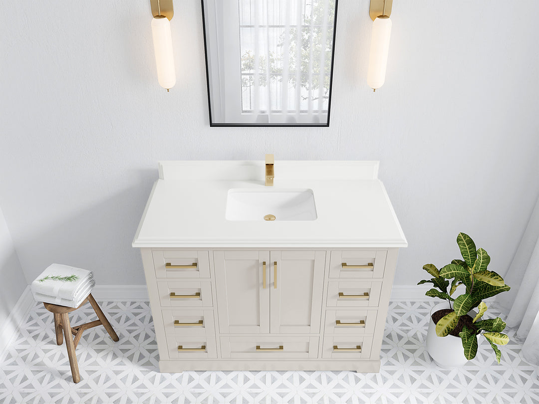 Boston 48 in. W x 22 in. D Single Sink Bathroom Vanity in Fine Grain with 1.5 in Double Cove Edge White Quartz Countertop - Top View