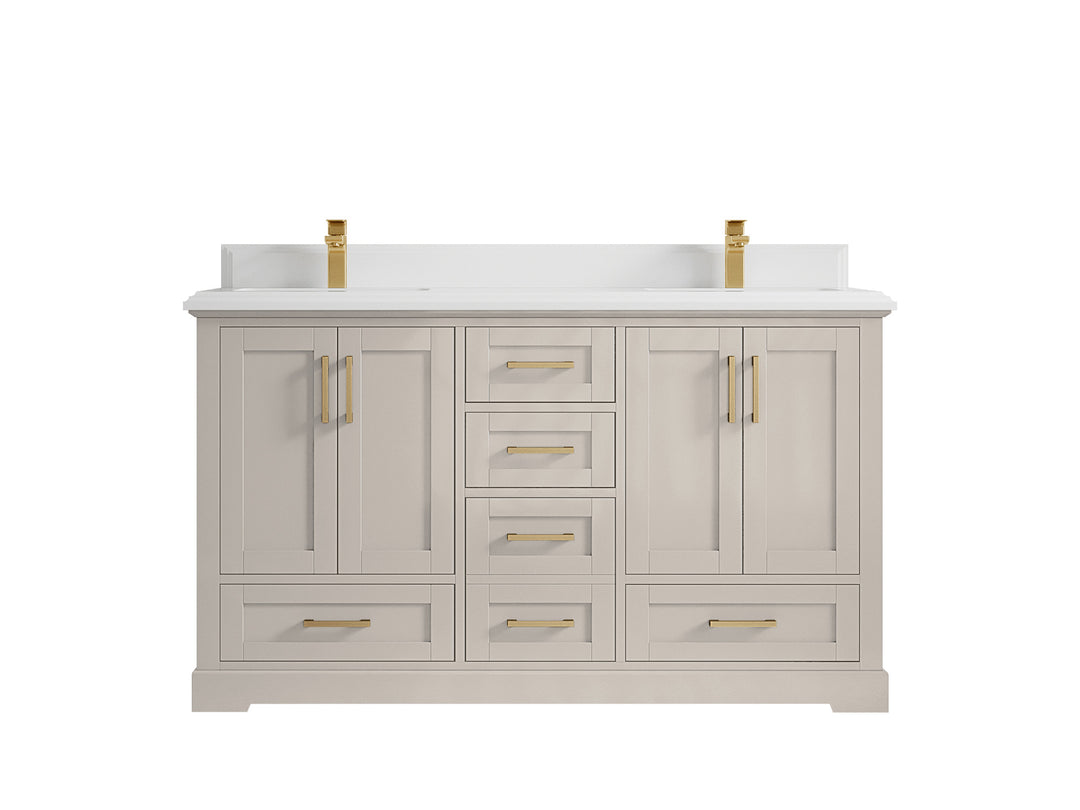 Boston 60 in. W x 22 in. D Double Sink Bathroom Vanity in Fine Grain with 1.5 in Double Cove Edge White Quartz Countertop
