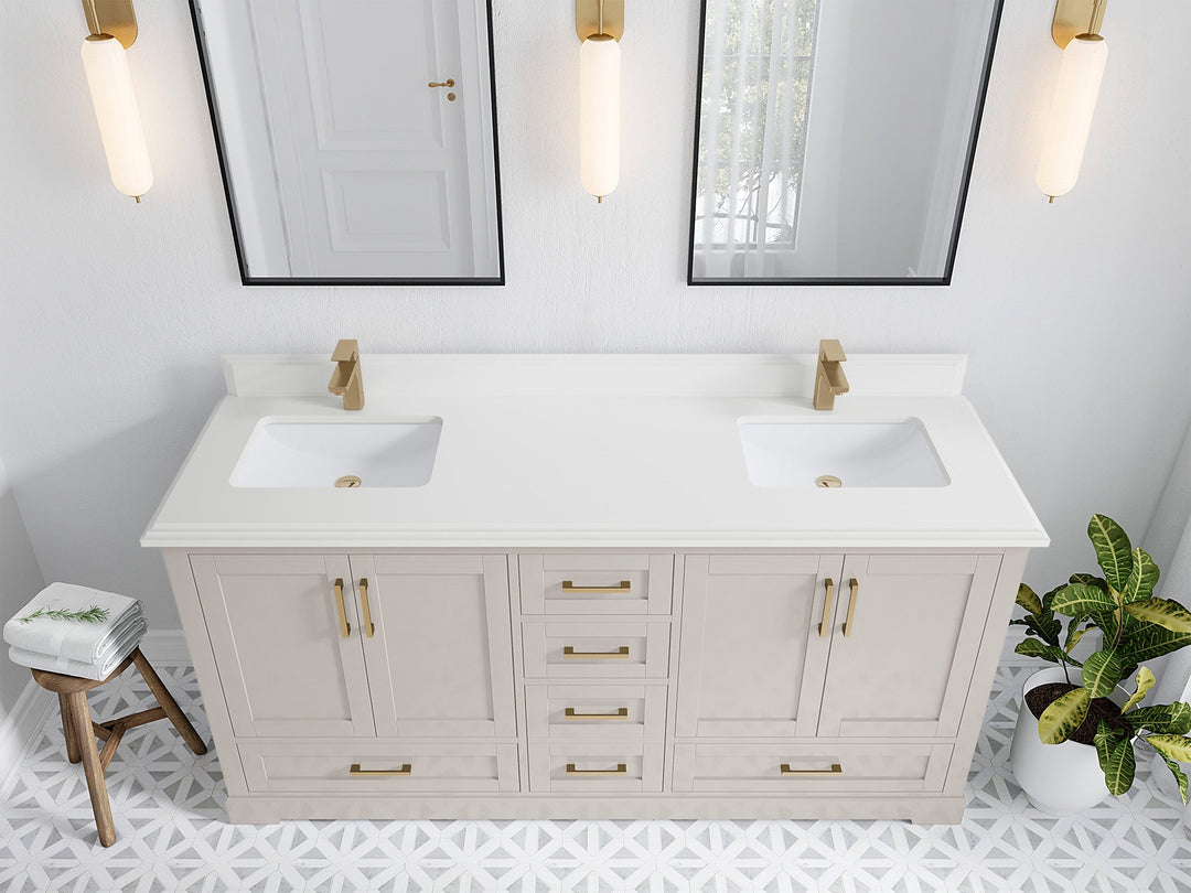 Boston 72 in. W x 22 in. D Double Sink Bathroom Vanity in Fine Grain with 1.5 in Double Cove Edge White Quartz Countertop - Top View