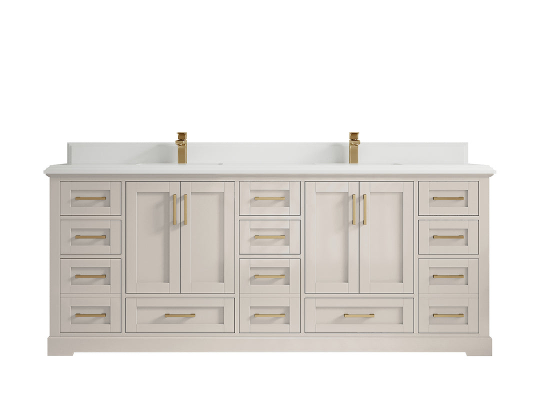 Boston 84 in. W x 22 in. D Double Sink Bathroom Vanity in Fine Grain with 1.5 in Double Cove Edge White Quartz Countertop