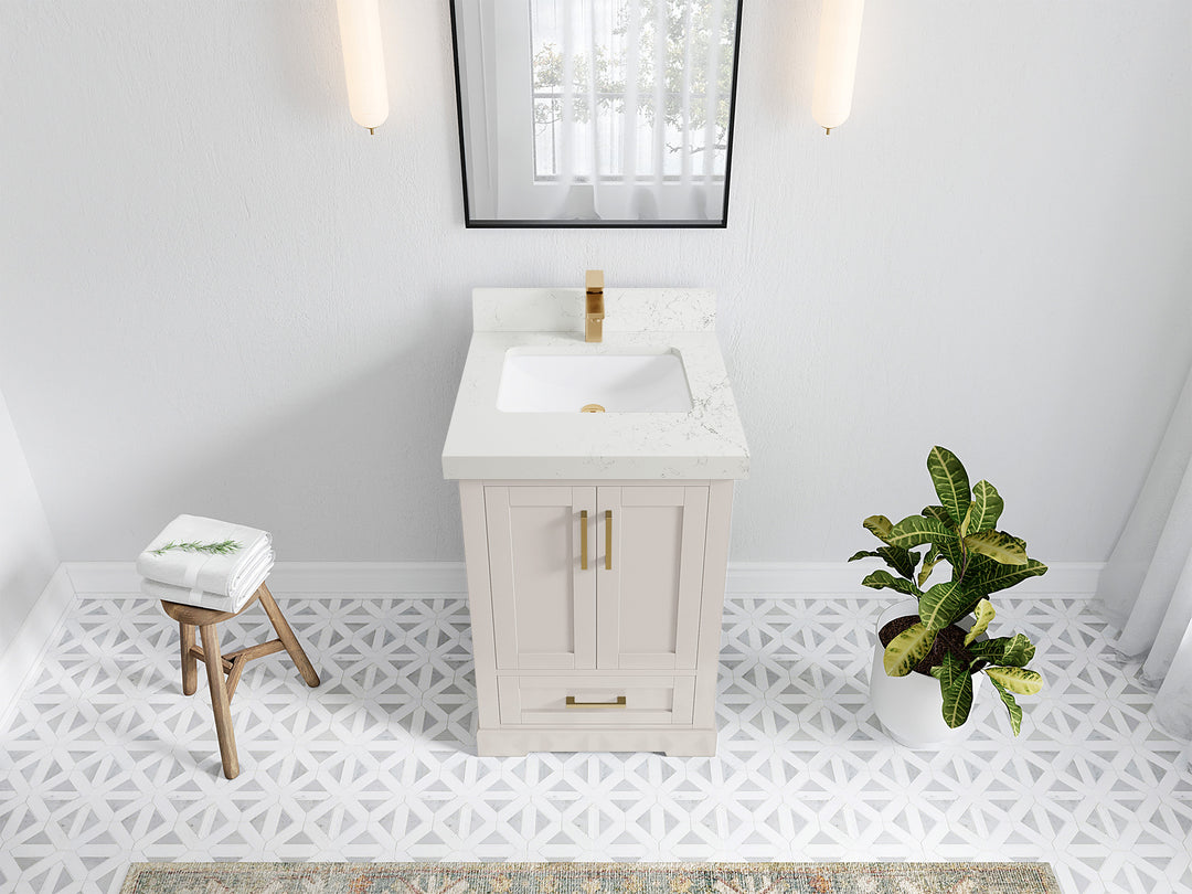 Boston 24 in. W x 22 in. D Single Sink Bathroom Vanity in Fine Grain with 2 in Empira White Quartz Countertop - Top View