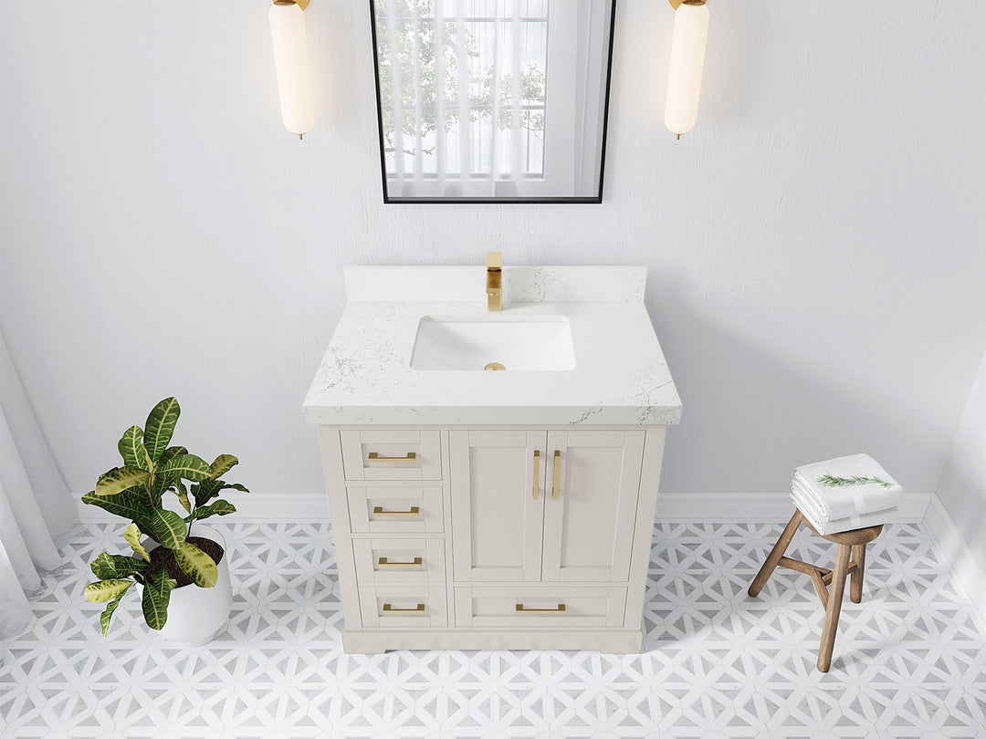 Boston 36 in. W x 22 in. D Single Sink Bathroom Vanity in Fine Grain with 2 in Empira White Quartz Countertop - Top View