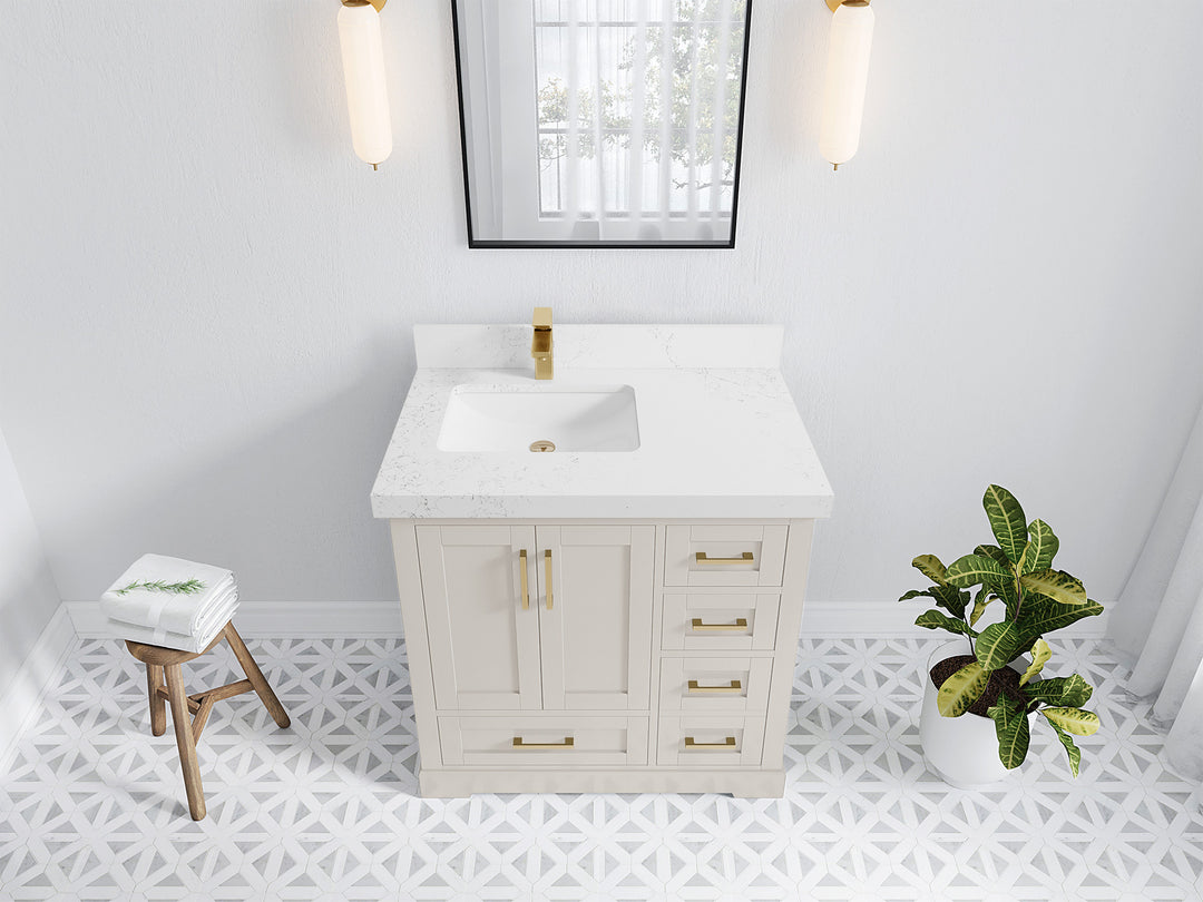 Boston 36 in. W x 22 in. D Single Sink Bathroom Vanity in Fine Grain with 2 in Empira White Quartz Countertop - Top View