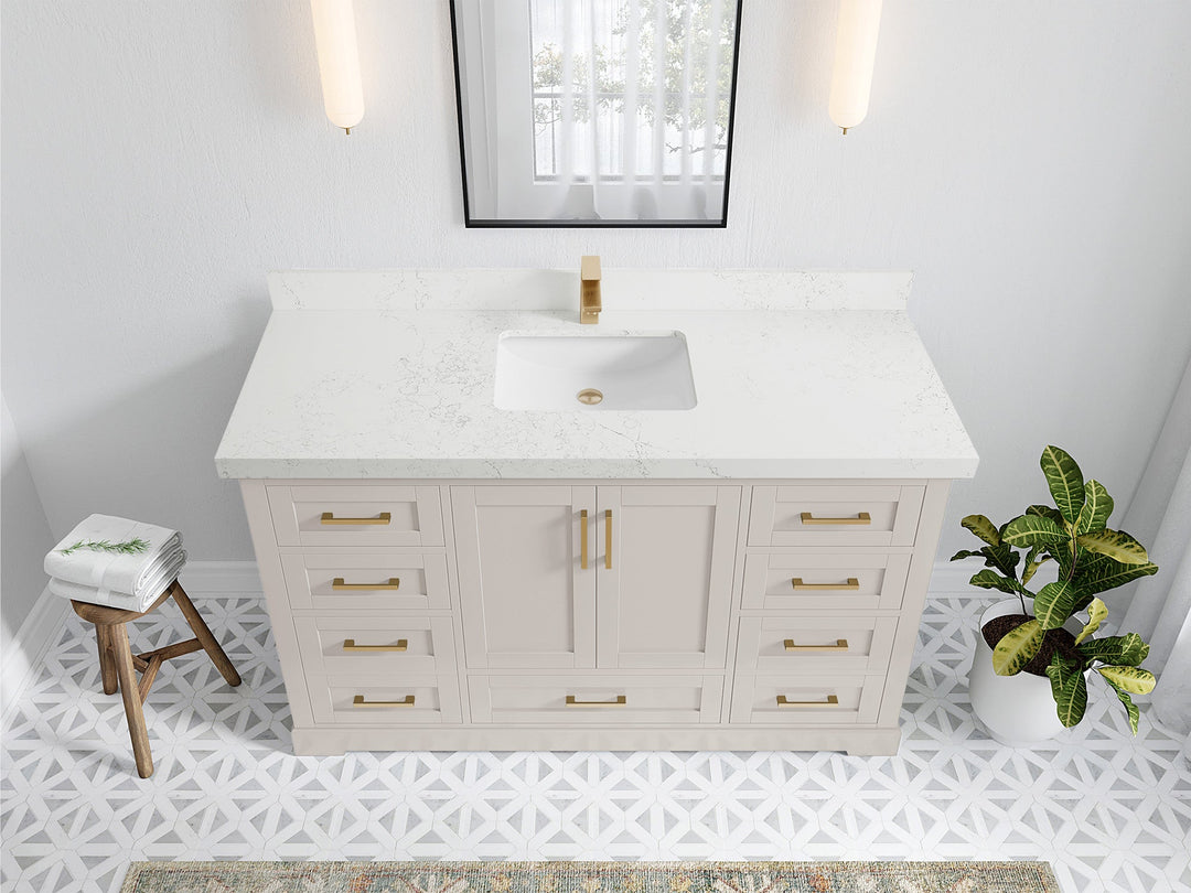 Boston 60 in. W x 22 in. D Single Sink Bathroom Vanity in Fine Grain with 2 in Empira White Quartz Countertop - Top View