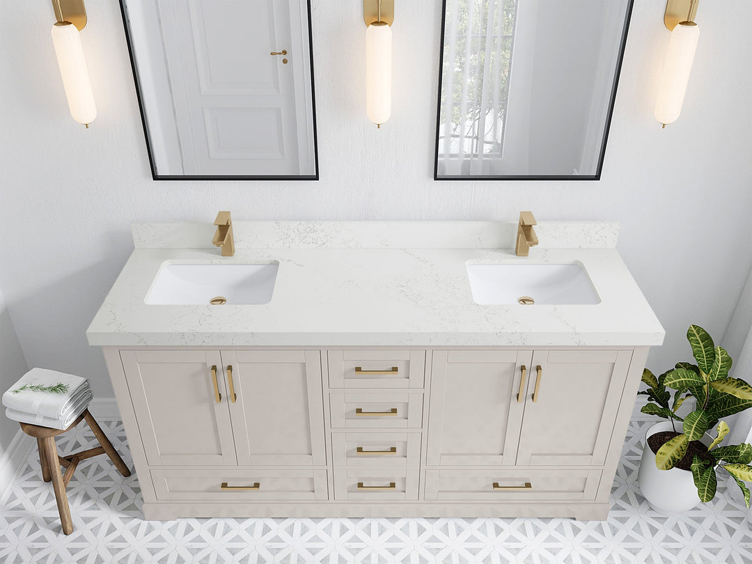 Boston 72 in. W x 22 in. D Double Sink Bathroom Vanity in Fine Grain with 2 in Empira White Quartz Countertop - Top View