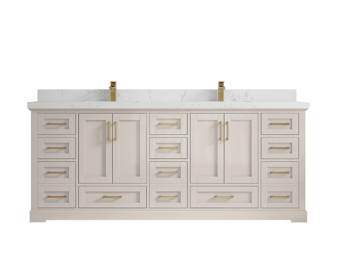 Boston 84 in. W x 22 in. D Double Sink Bathroom Vanity in Fine Grain with 2 in Empira White Countertop