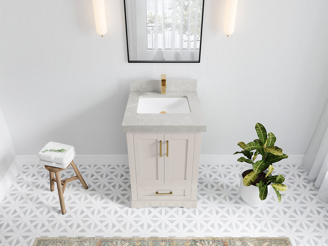 Boston 24 in. W x 22 in. D Single Sink Bathroom Vanity in Fine Grain with 2 in Pearl Light Gray Quartz Countertop - Top View