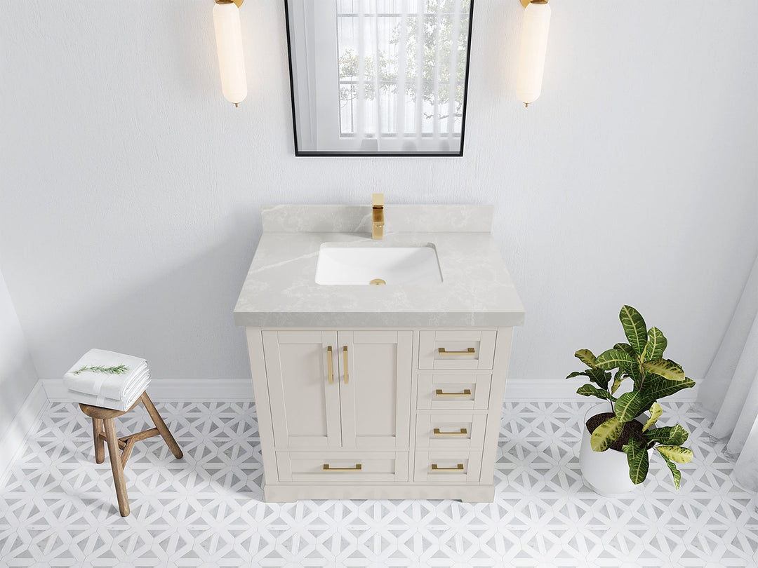 Boston 36 in. W x 22 in. D Single Sink Bathroom Vanity in Fine Grain with 2 in Pearl Light Gray Quartz Countertop - Top View