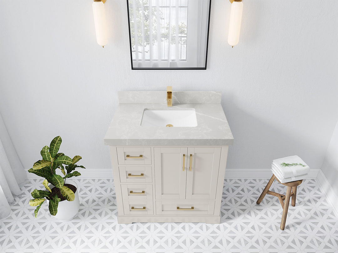 Boston 36 in. W x 22 in. D Single Sink Bathroom Vanity in Fine Grain with 2 in Pearl Light Gray Quartz Countertop - Top View