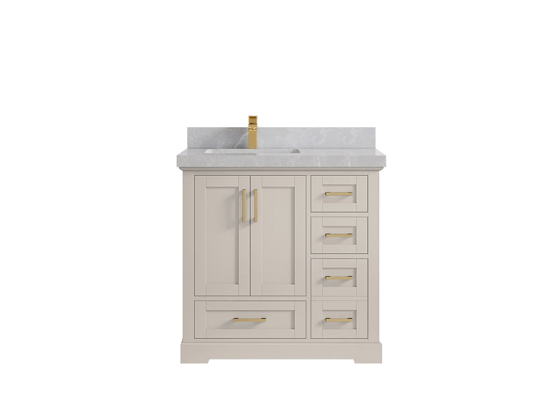 Boston 36 in. W x 22 in. D Single Sink Bathroom Vanity in Fine Grain with 2 in Pearl Light Gray Countertop