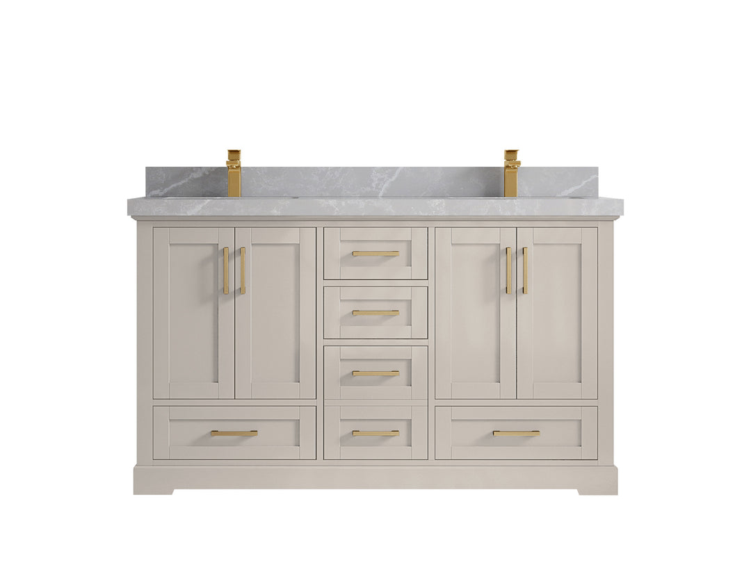 Boston 60 in. W x 22 in. D Double Sink Bathroom Vanity in Fine Grain with 2 in Pearl Light Gray Countertop