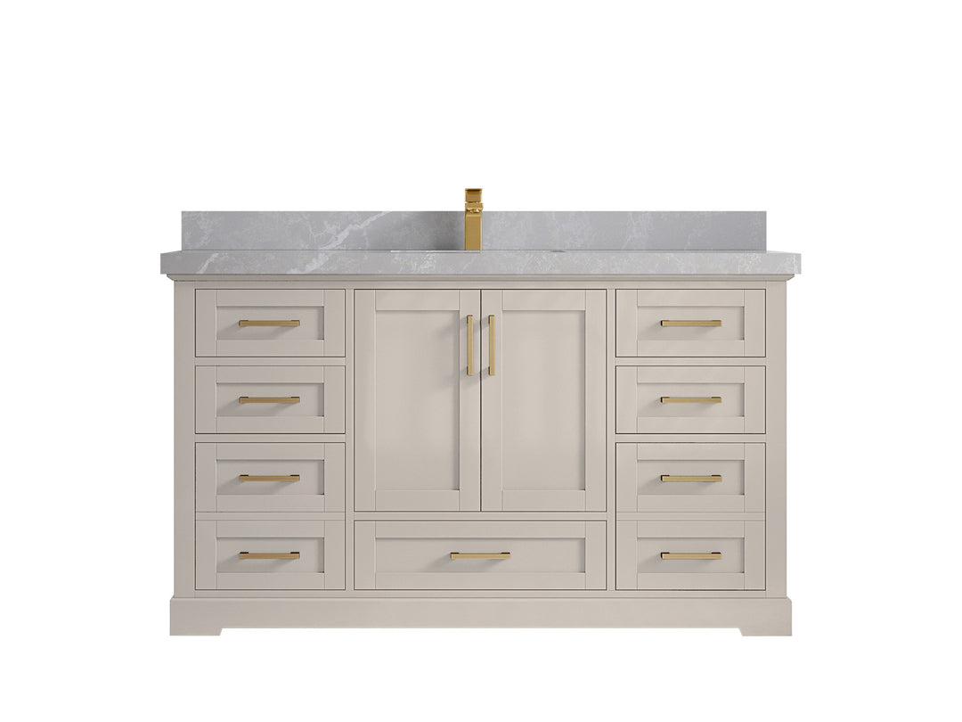 Boston 60 in. W x 22 in. D Single Sink Bathroom Vanity in Fine Grain with 2 in Pearl Light Gray Countertop