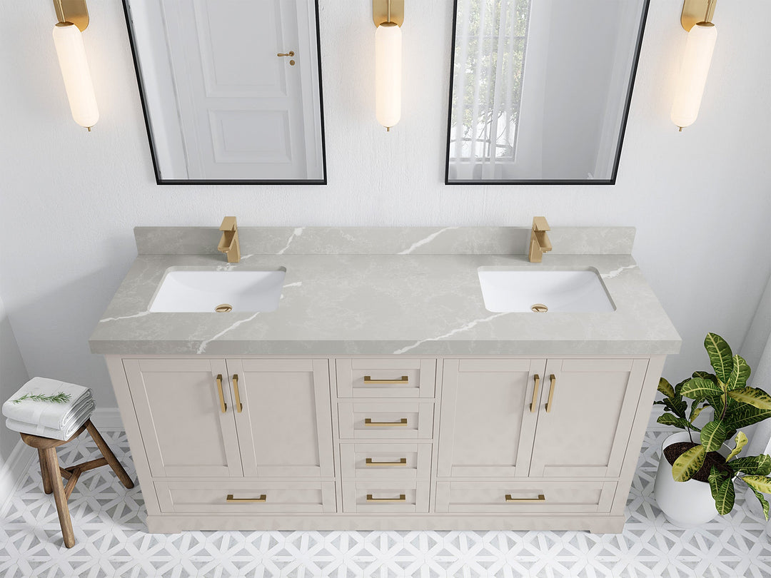 Boston 72 in. W x 22 in. D Double Sink Bathroom Vanity in Fine Grain with 2 in Pearl Light Gray Quartz Countertop - Top View