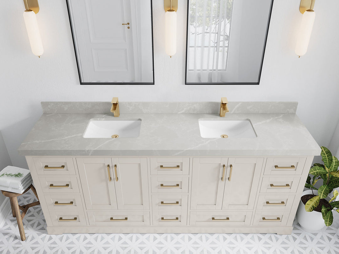 Boston 84 in. W x 22 in. D Double Sink Bathroom Vanity in Fine Grain with 2 in Pearl Light Gray Quartz Countertop - Top View