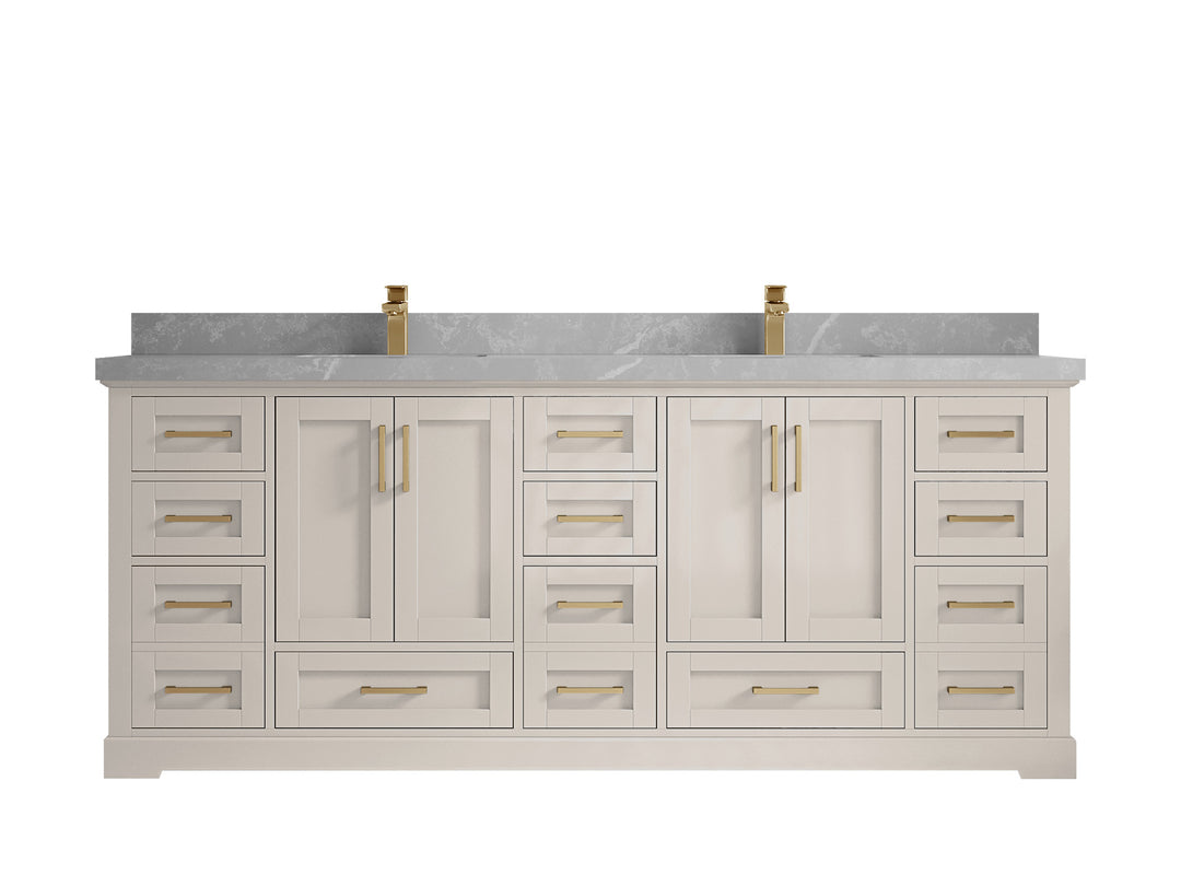 Boston 84 in. W x 22 in. D Double Sink Bathroom Vanity in Fine Grain with 2 in Pearl Light Gray Countertop