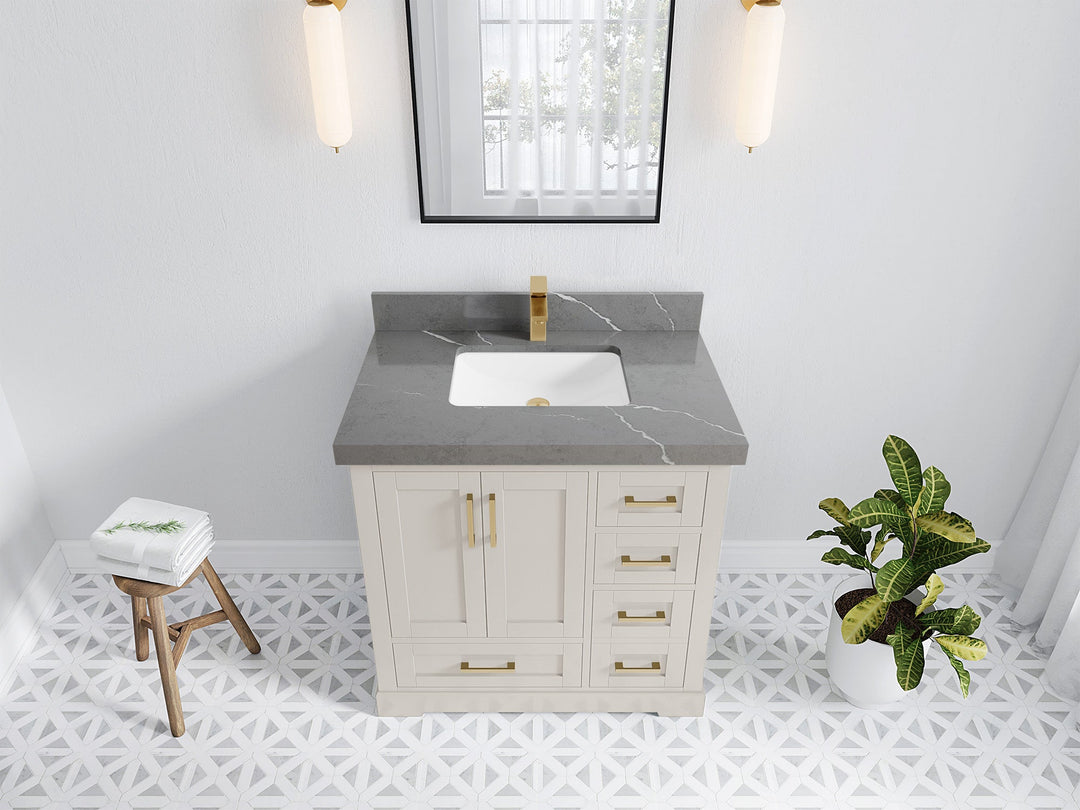 Boston 36 in. W x 22 in. D Single Sink Bathroom Vanity in Fine Grain with 2 in Piatra Gray Quartz Countertop - Top View