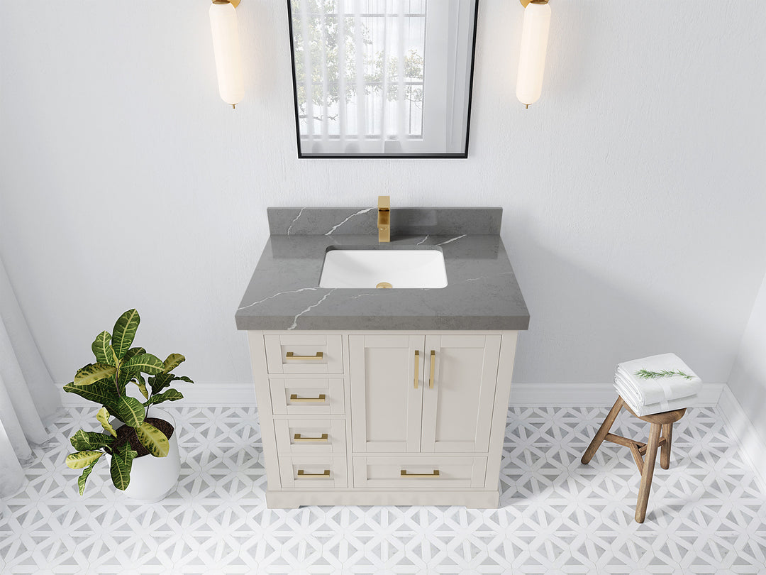 Boston 36 in. W x 22 in. D Single Sink Bathroom Vanity in Fine Grain with 2 in Piatra Gray Quartz Countertop - Top View
