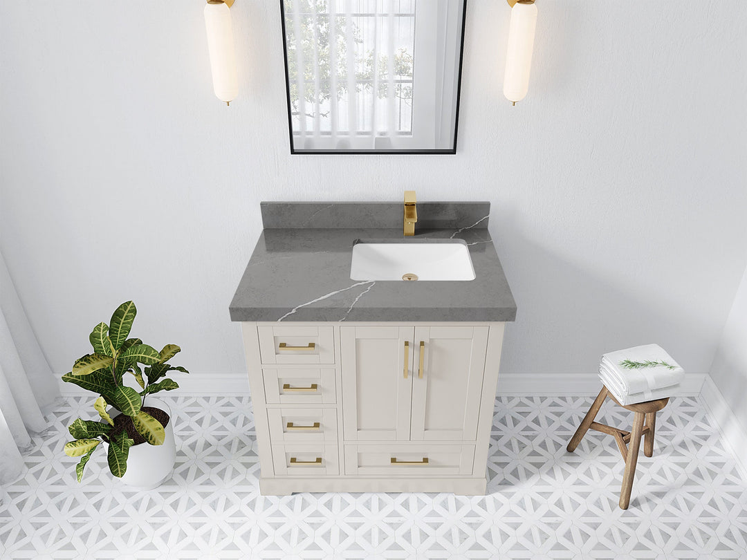 Boston 36 in. W x 22 in. D Single Sink Bathroom Vanity in Fine Grain with 2 in Piatra Gray Quartz Countertop - Top View