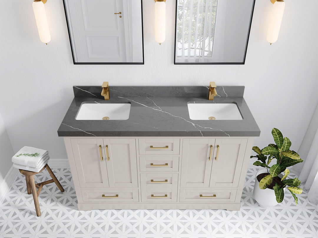 Boston 60 in. W x 22 in. D Double Sink Bathroom Vanity in Fine Grain with 2 in Piatra Gray Quartz Countertop - Top View