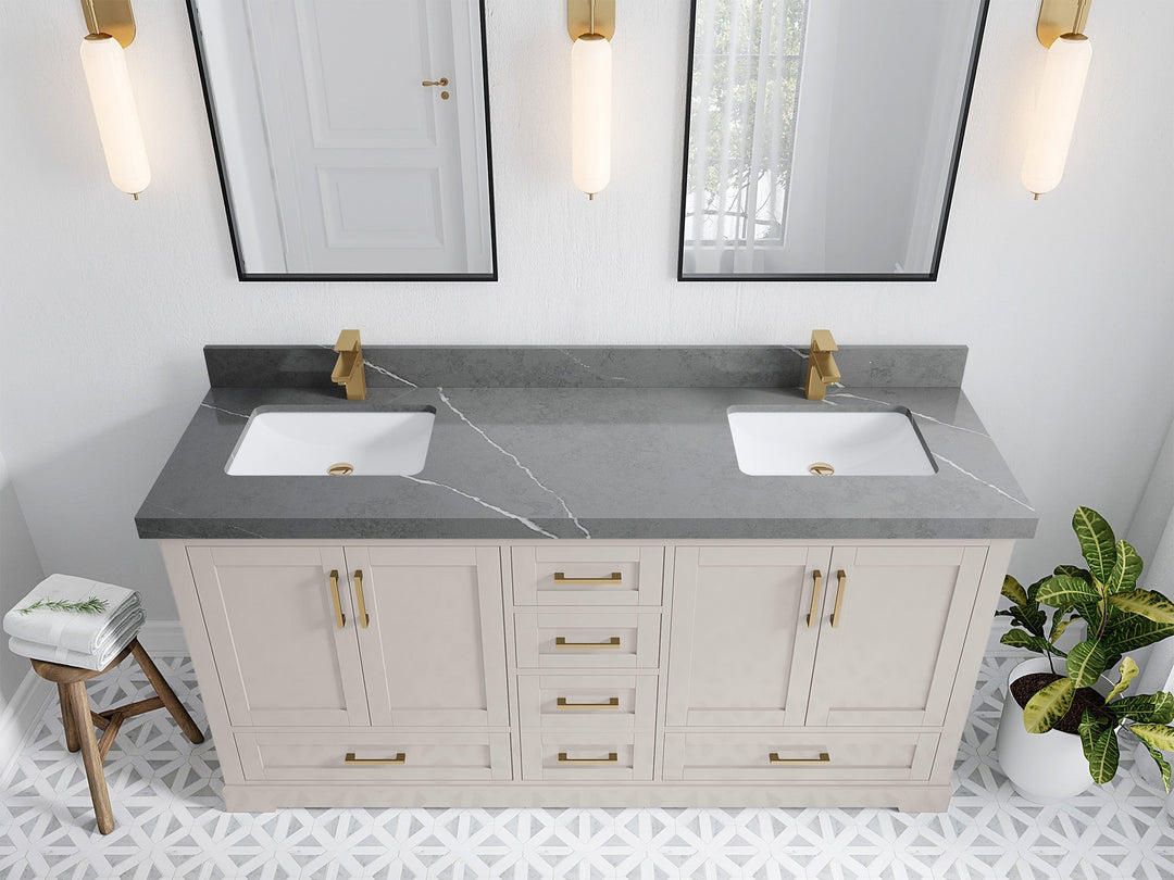 Boston 72 in. W x 22 in. D Double Sink Bathroom Vanity in Fine Grain with 2 in Piatra Gray Quartz Countertop - Top View