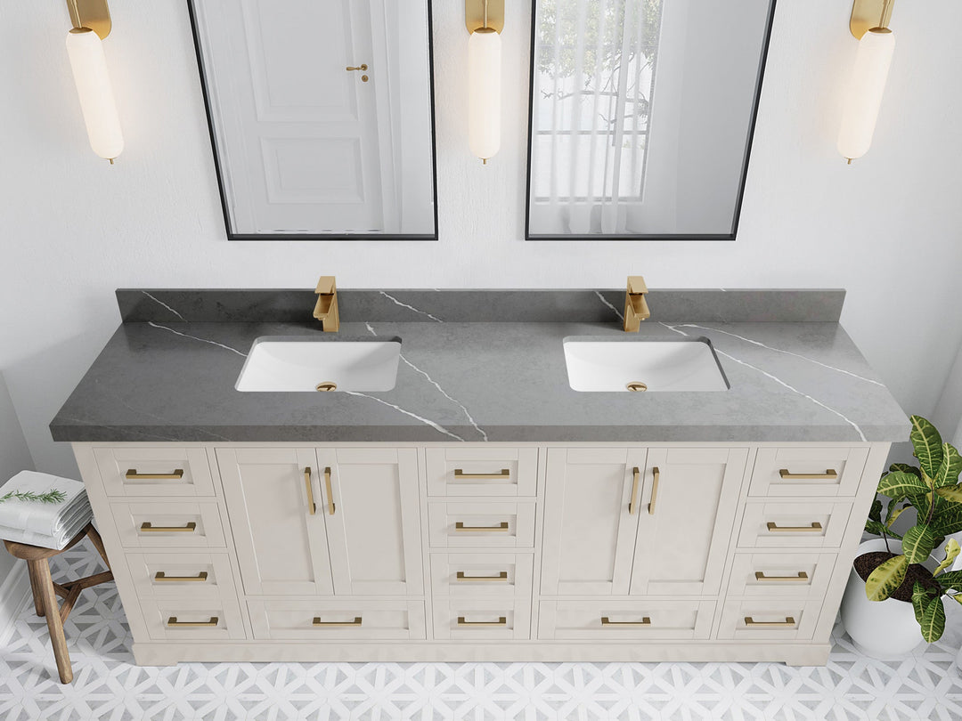 Boston 84 in. W x 22 in. D Double Sink Bathroom Vanity in Fine Grain with 2 in Piatra Gray Quartz Countertop - Top View