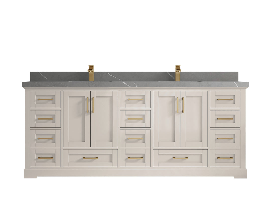 Boston 84 in. W x 22 in. D Double Sink Bathroom Vanity in Fine Grain with 2 in Piatra Gray Quartz Countertop