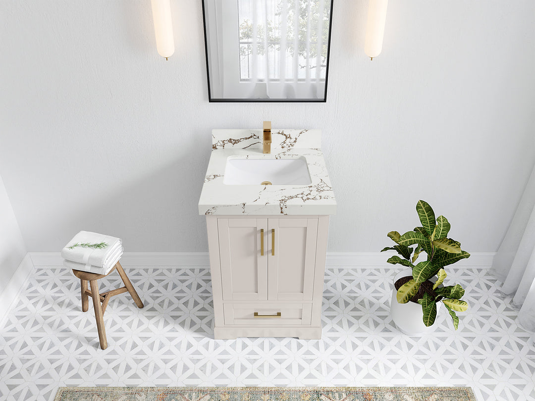 Boston 24 in. W x 22 in. D Single Sink Bathroom Vanity in Fine Grain with 2 in Viola Brown Quartz Countertop - Top View