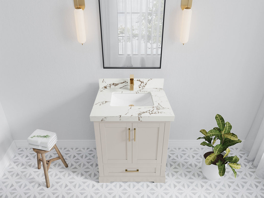 Boston 30 in. W x 22 in. D Single Sink Bathroom Vanity in Fine Grain with 2 in Viola Brown Quartz Countertop - Top View