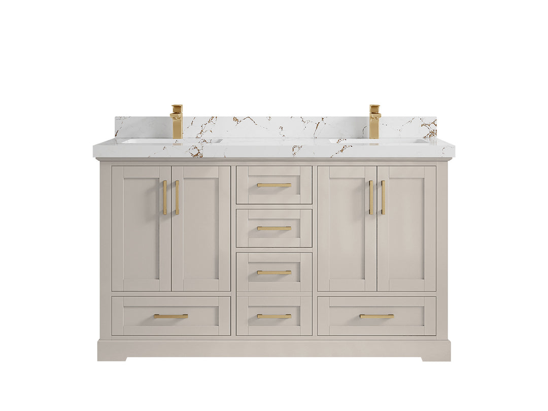 Boston 60 in. W x 22 in. D Double Sink Bathroom Vanity in Fine Grain with 2 in Viola Brown Quartz Countertop