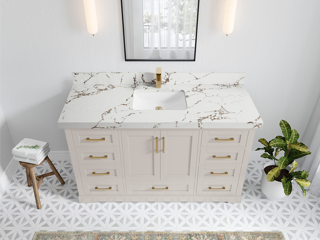 Boston 60 in. W x 22 in. D Single Sink Bathroom Vanity in Fine Grain with 2 in Viola Brown Quartz Countertop - Top View