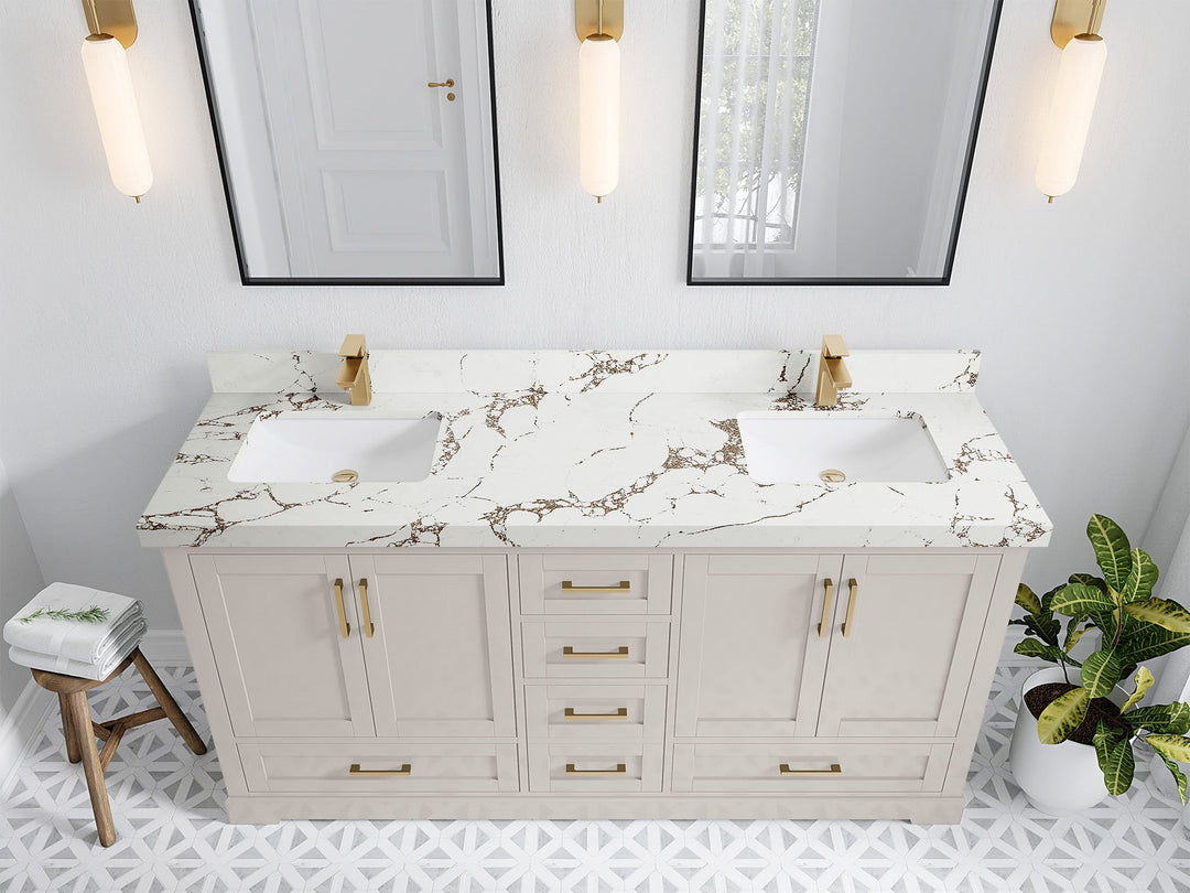 Boston 72 in. W x 22 in. D Double Sink Bathroom Vanity in Fine Grain with 2 in Viola Brown Quartz Countertop - Top View