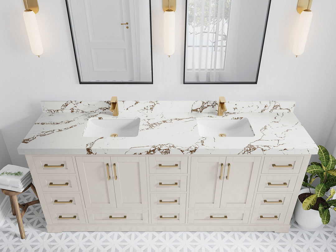 Boston 84 in. W x 22 in. D Double Sink Bathroom Vanity in Fine Grain with 2 in Viola Brown Quartz Countertop - Top View