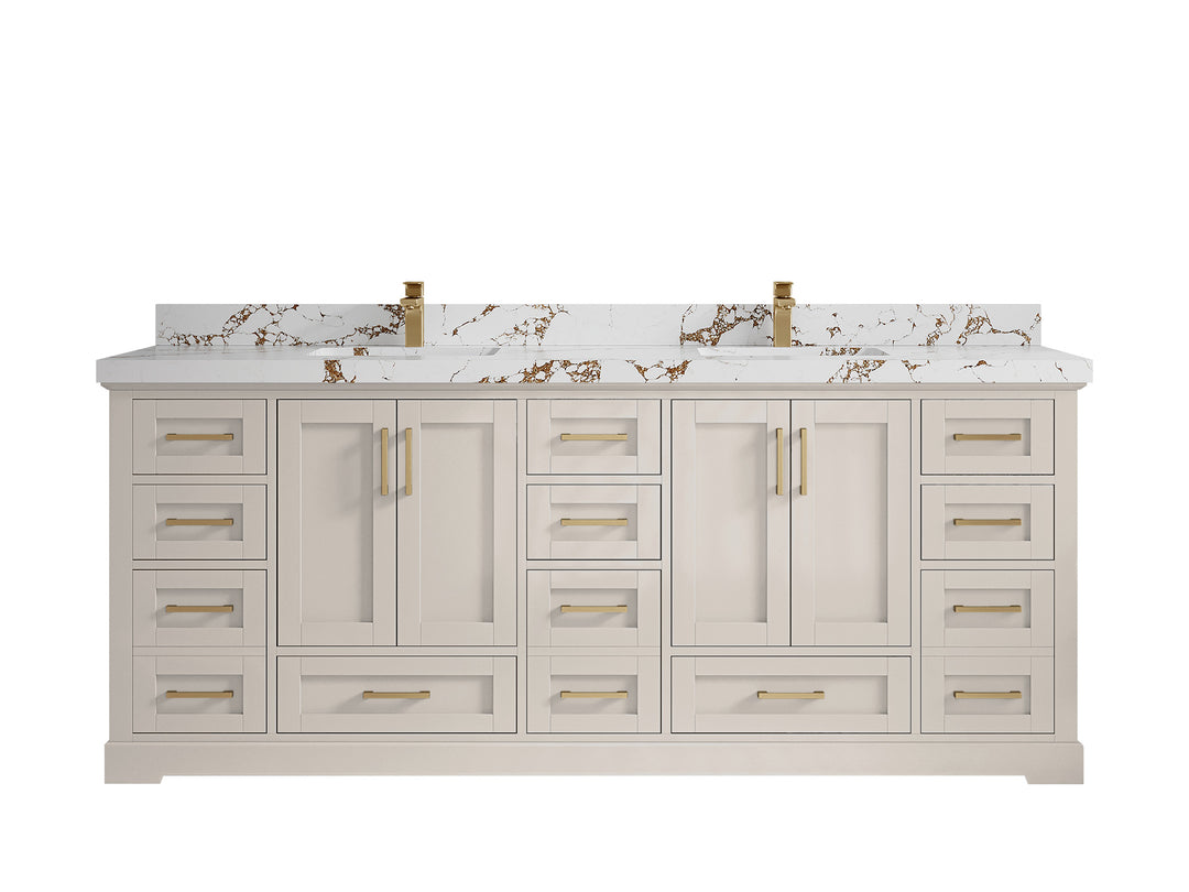 Boston 84 in. W x 22 in. D Double Sink Bathroom Vanity in Fine Grain with 2 in Viola Brown Quartz Countertop