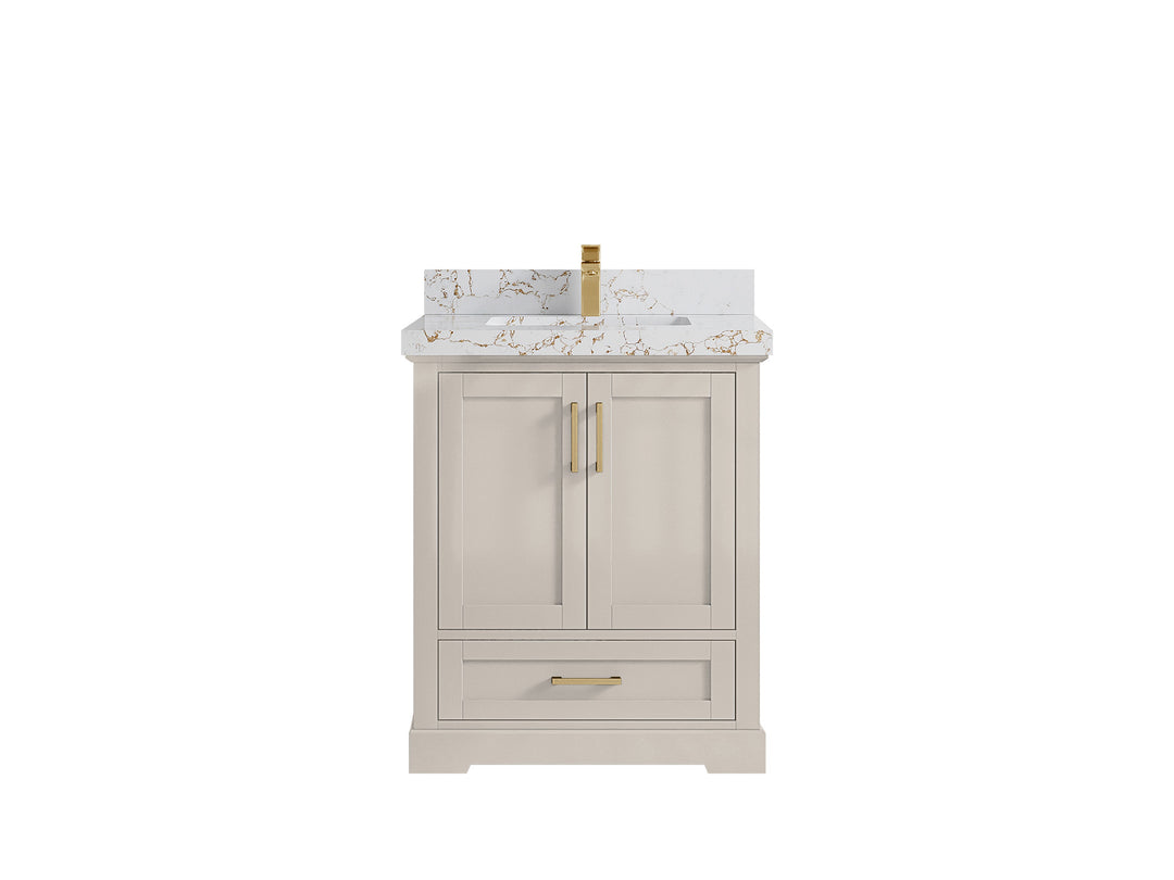 Boston 30 in. W x 22 in. D Single Sink Bathroom Vanity in Fine Grain with 2 in Viola Gold Quartz Countertop