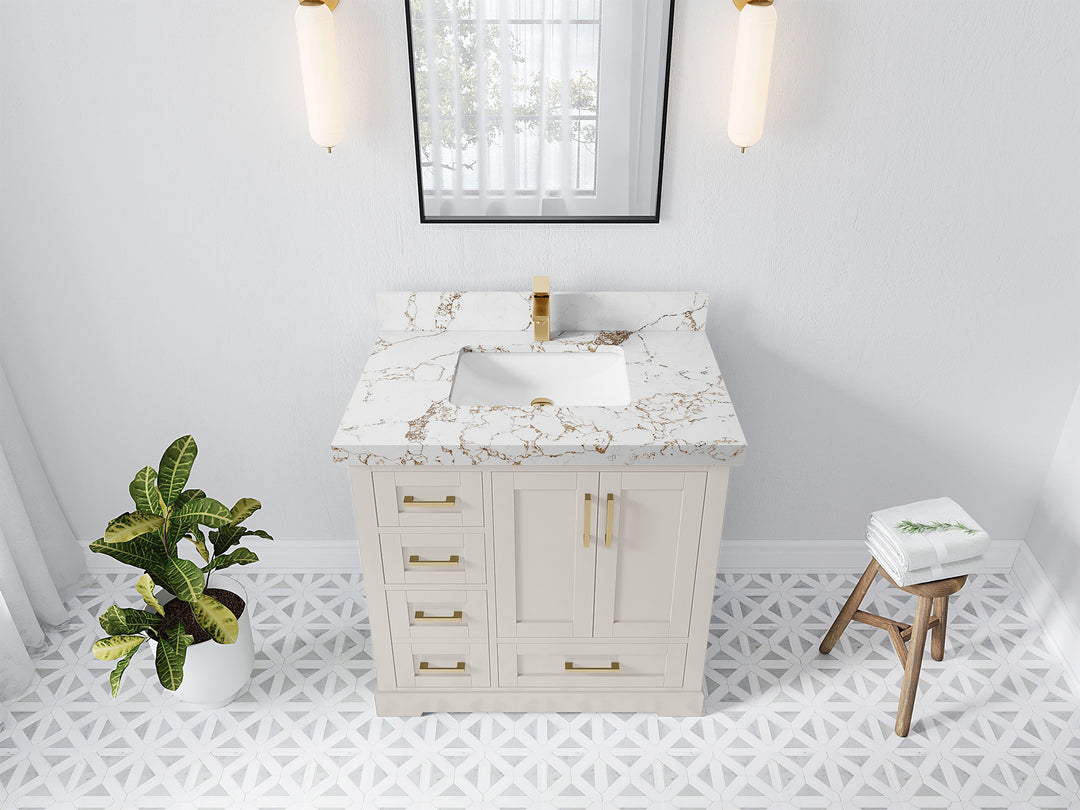 Boston 36 in. W x 22 in. D Single Sink Bathroom Vanity in Fine Grain with 2 in Viola Gold Quartz Countertop - Top View