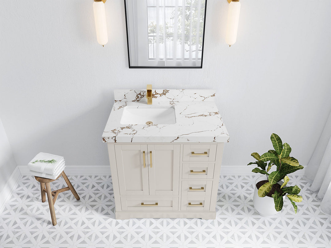 Boston 36 in. W x 22 in. D Single Sink Bathroom Vanity in Fine Grain with 2 in Viola Gold Quartz Countertop - Top View