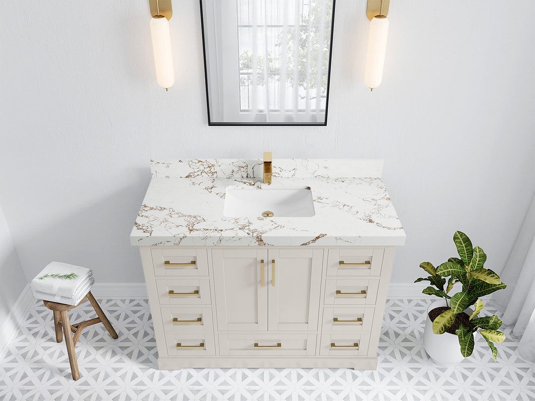 Boston 48 in. W x 22 in. D Single Sink Bathroom Vanity in Fine Grain with 2 in Viola Gold Quartz Countertop - Top View