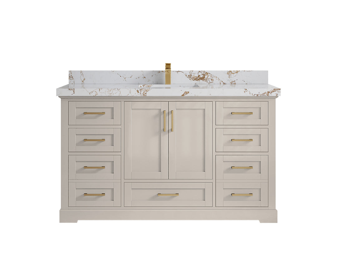 Boston 60 in. W x 22 in. D Single Sink Bathroom Vanity in Fine Grain with 2 in Viola Gold Quartz Countertop