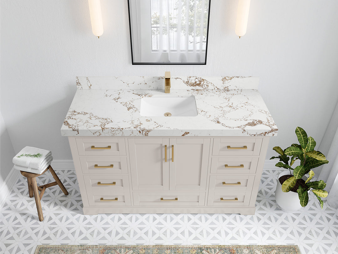 Boston 60 in. W x 22 in. D Single Sink Bathroom Vanity in Fine Grain with 2 in Viola Gold Quartz Countertop - Top View