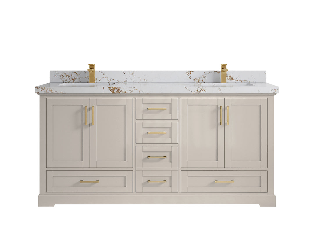 Boston 72 in. W x 22 in. D Double Sink Bathroom Vanity in Fine Grain with 2 in Viola Gold Quartz Countertop