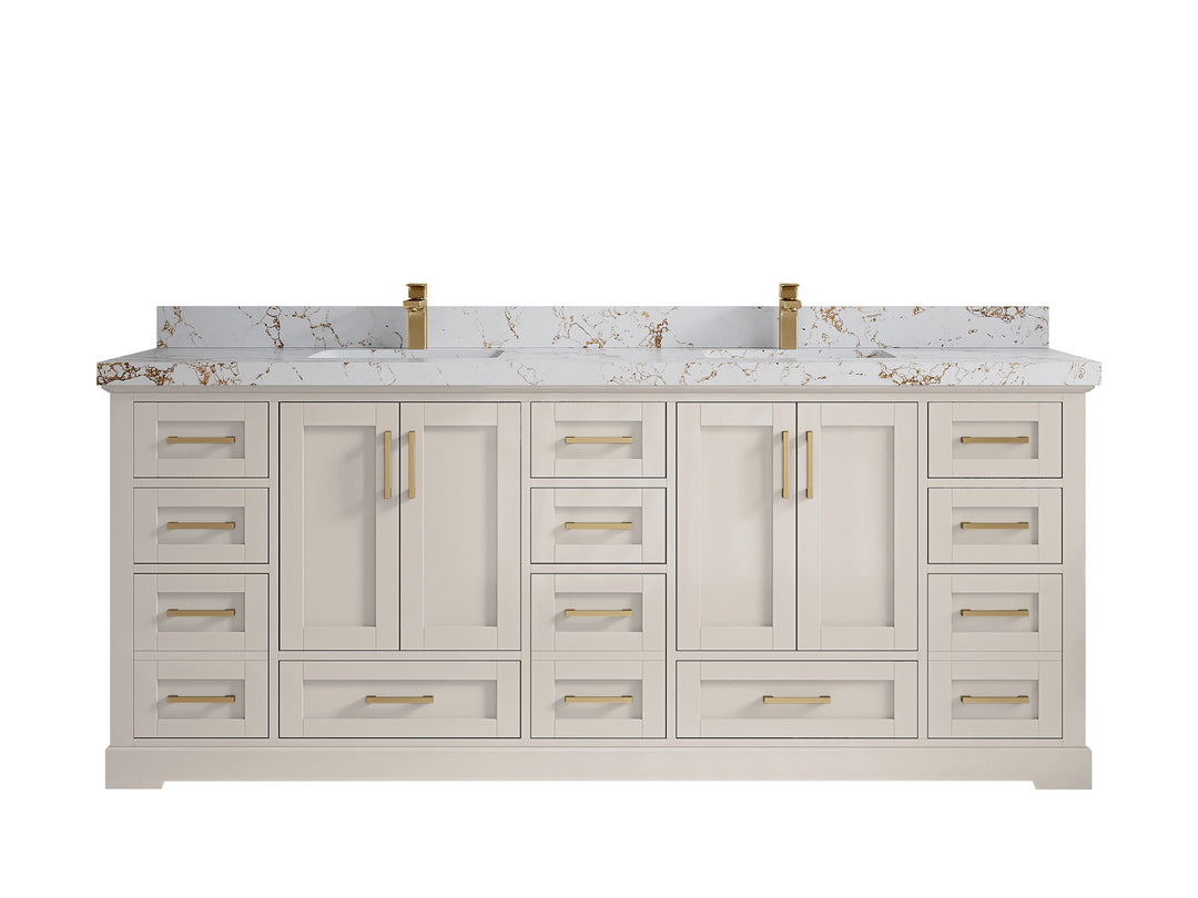 Boston 84 in. W x 22 in. D Double Sink Bathroom Vanity in Fine Grain with 2 in Viola Gold Quartz Countertop