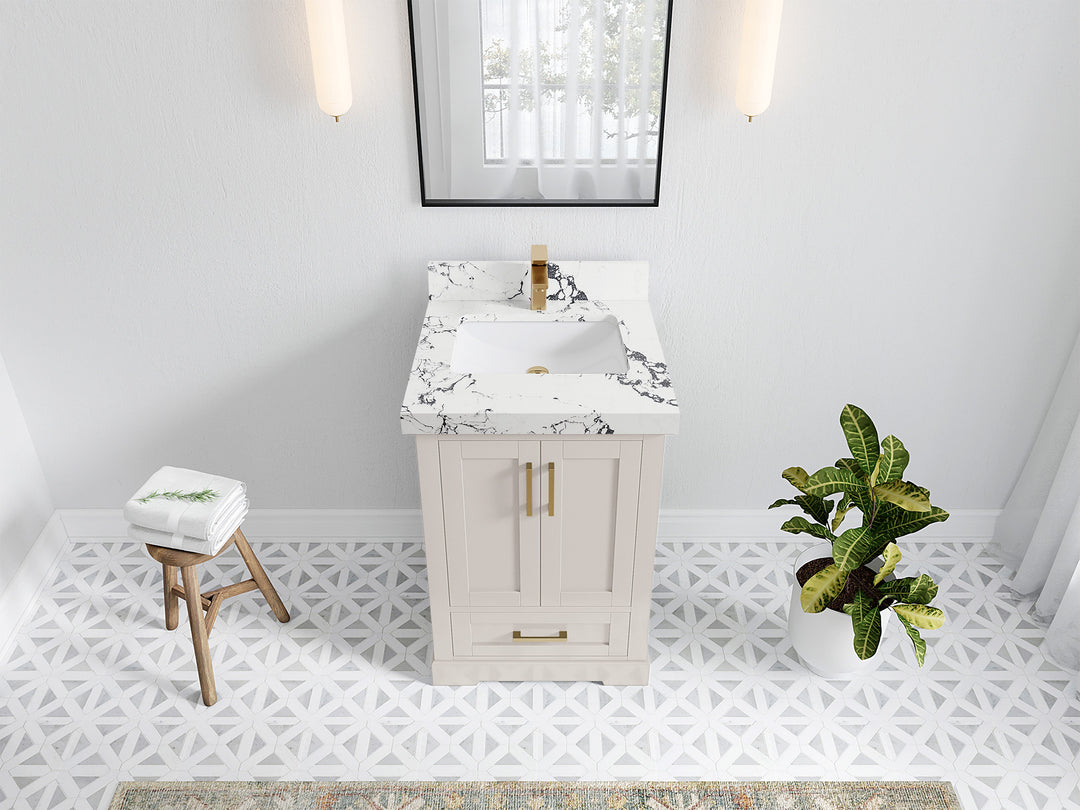 Boston 24 in. W x 22 in. D Single Sink Bathroom Vanity in Fine Grain with 2 in Viola Night Quartz Countertop - Top View