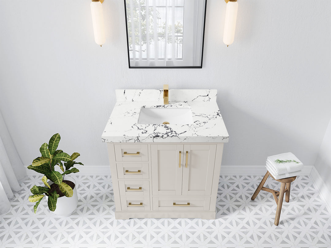 Boston 36 in. W x 22 in. D Single Sink Bathroom Vanity in Fine Grain with 2 in Viola Night Quartz Countertop - Top View