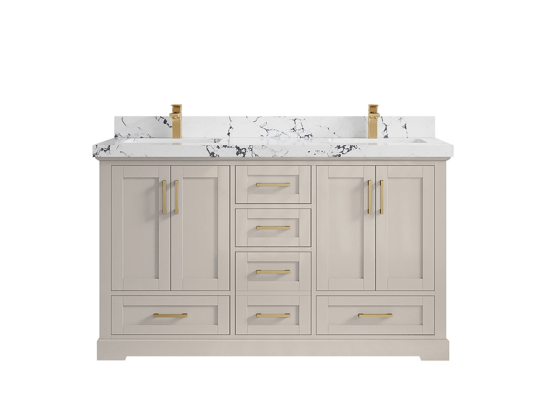 Boston 60 in. W x 22 in. D Double Sink Bathroom Vanity in Fine Grain with 2 in Viola Night Quartz Countertop