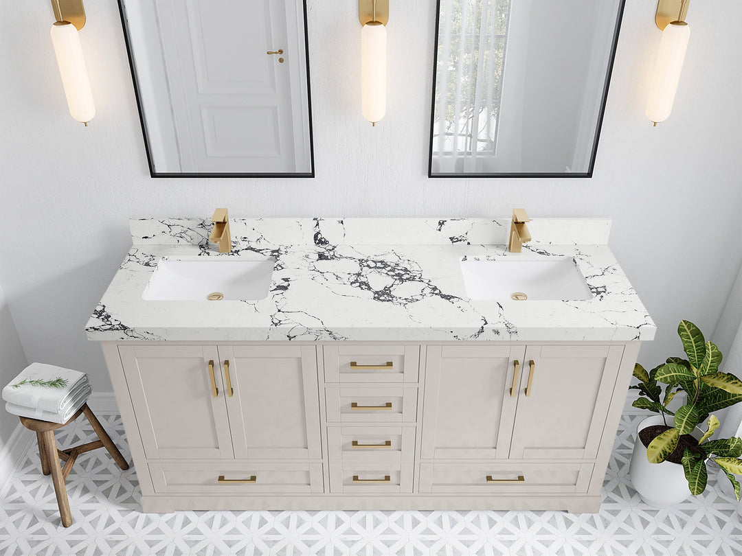 Boston 72 in. W x 22 in. D Double Sink Bathroom Vanity in Fine Grain with 2 in Viola Night Quartz Countertop - Top View